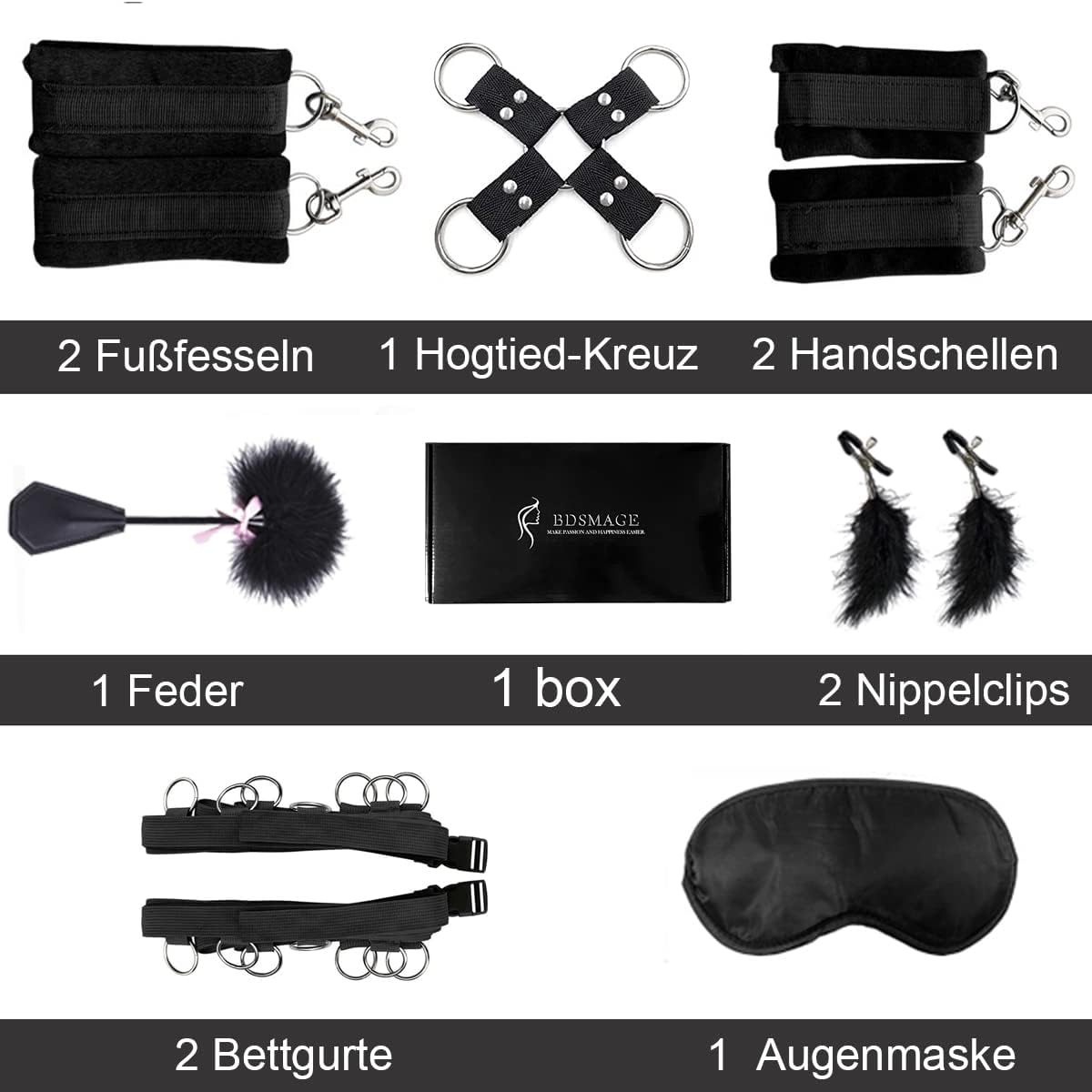 Set de restricción BDSM de 7 piezas – Incluye látigo de plumas, máscara para ojos, esposas y pinzas para pezones para parejas