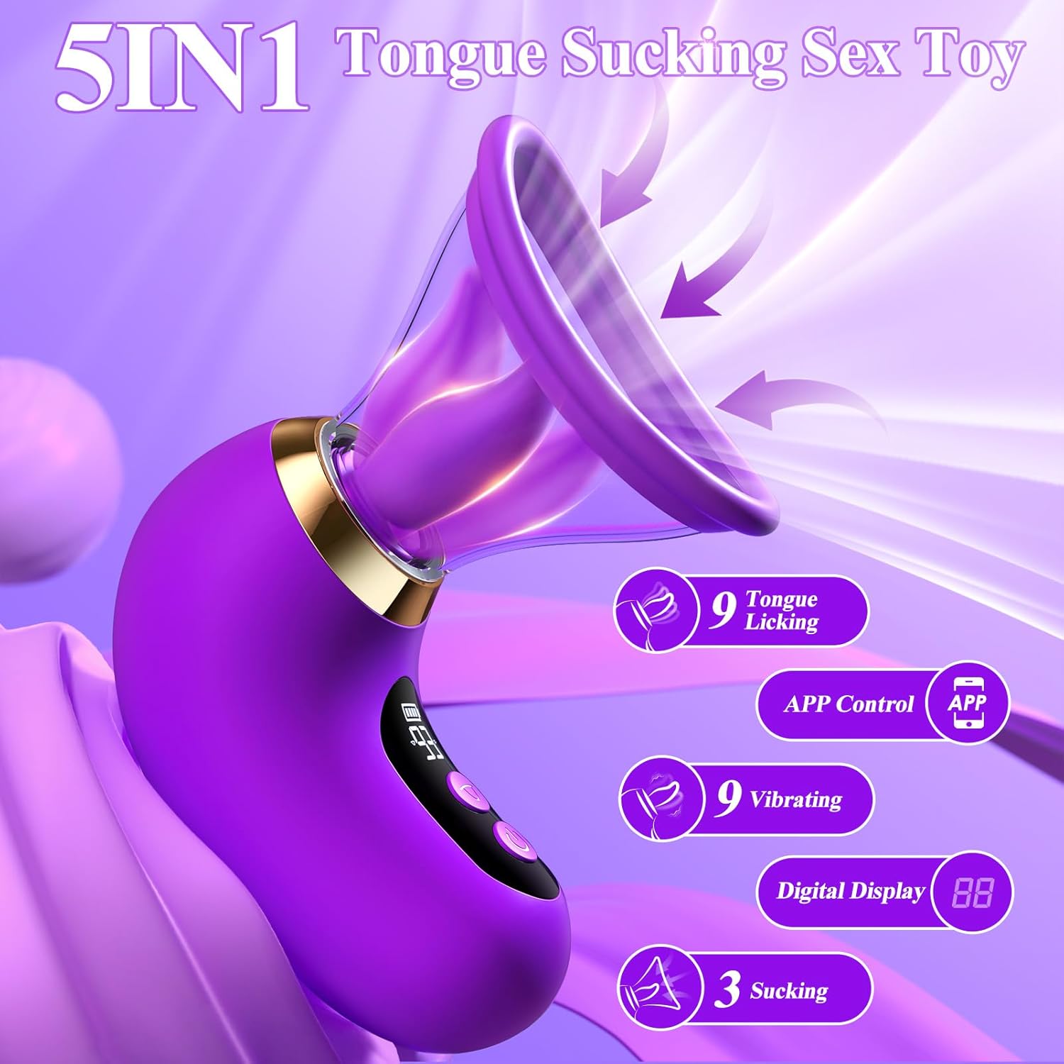 Vibrador 5 en 1 con succión, lamido y control LCD