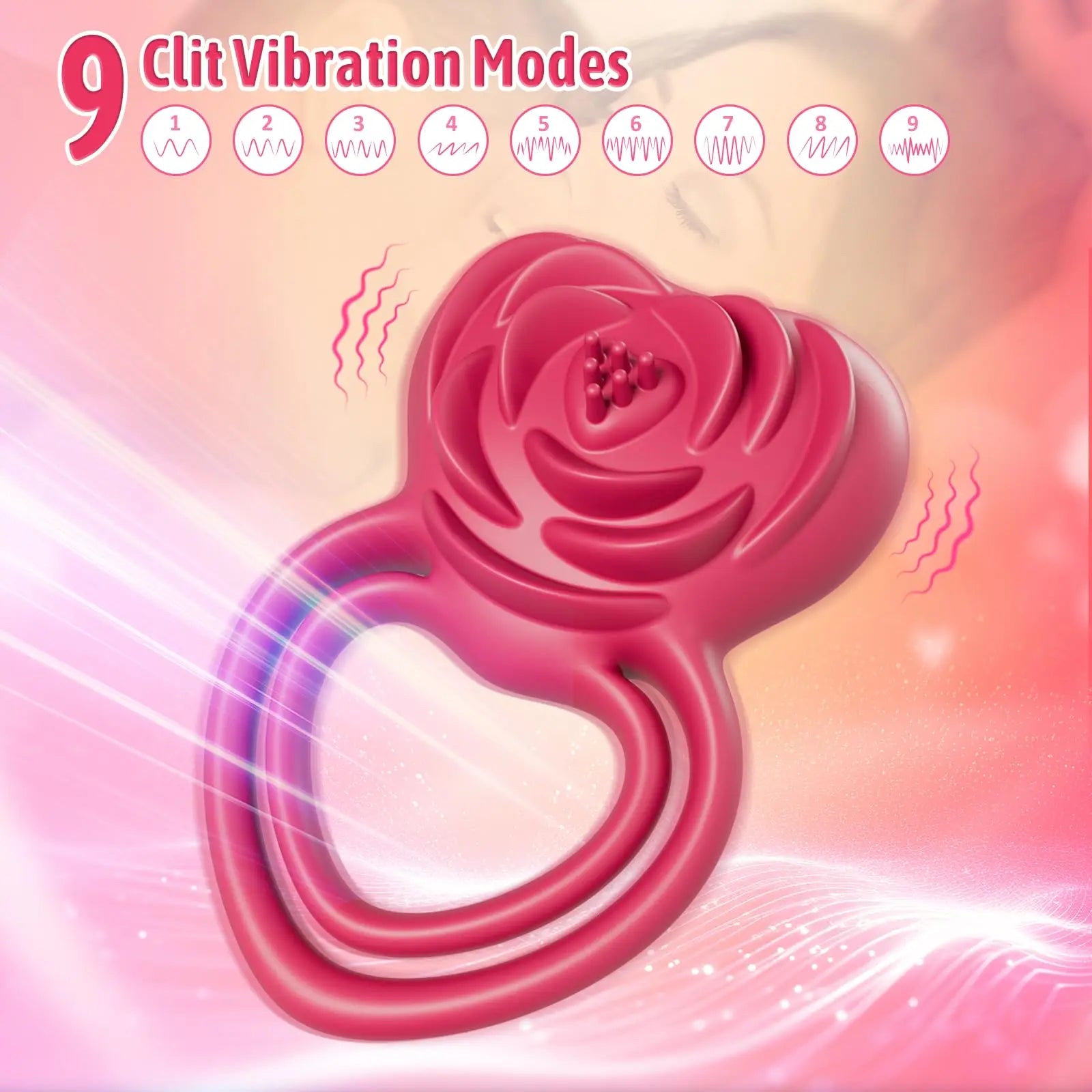 Anillo Vibrador de Doble Acción con Estimulador Clitoriano en Forma de Rosa para Placer Intenso