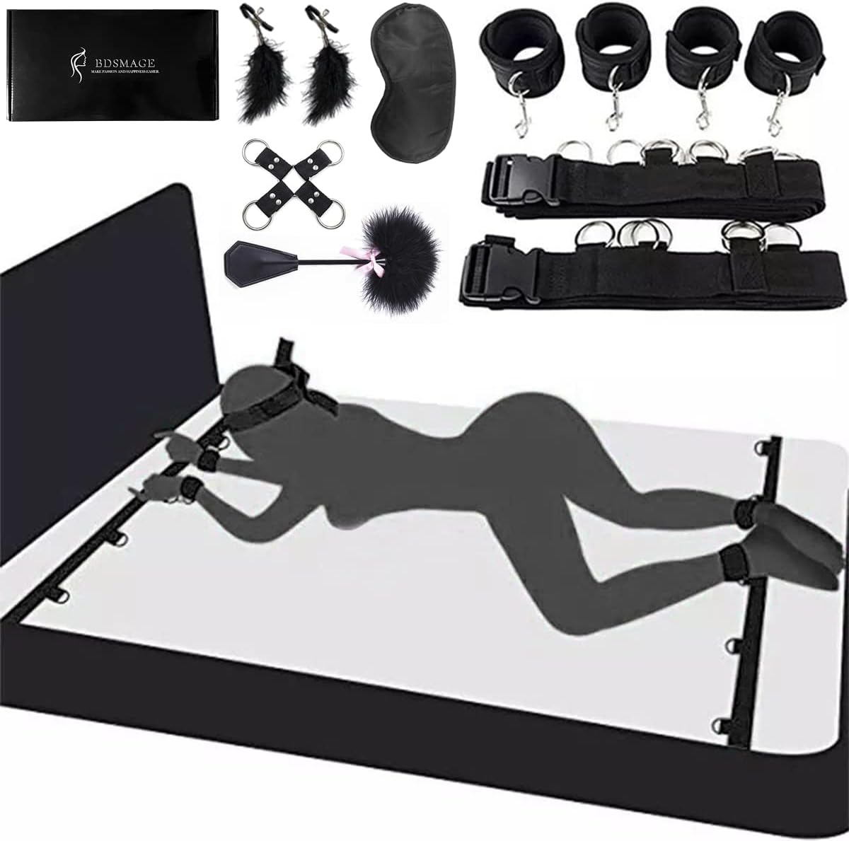 Set de restricción BDSM de 7 piezas – Incluye látigo de plumas, máscara para ojos, esposas y pinzas para pezones para parejas
