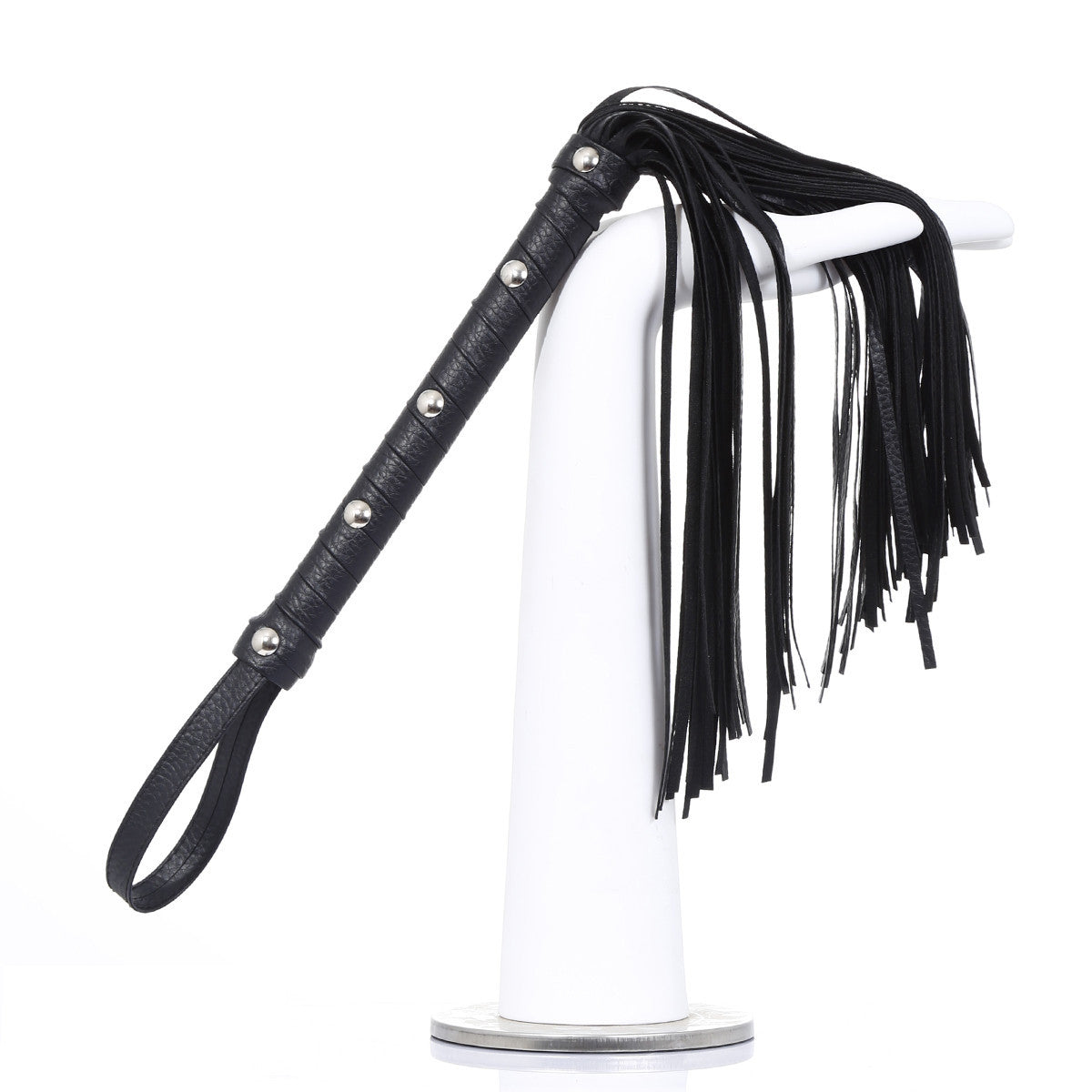 Juguete BDSM para parejas – Flogger de cuero negro con mango tachonado